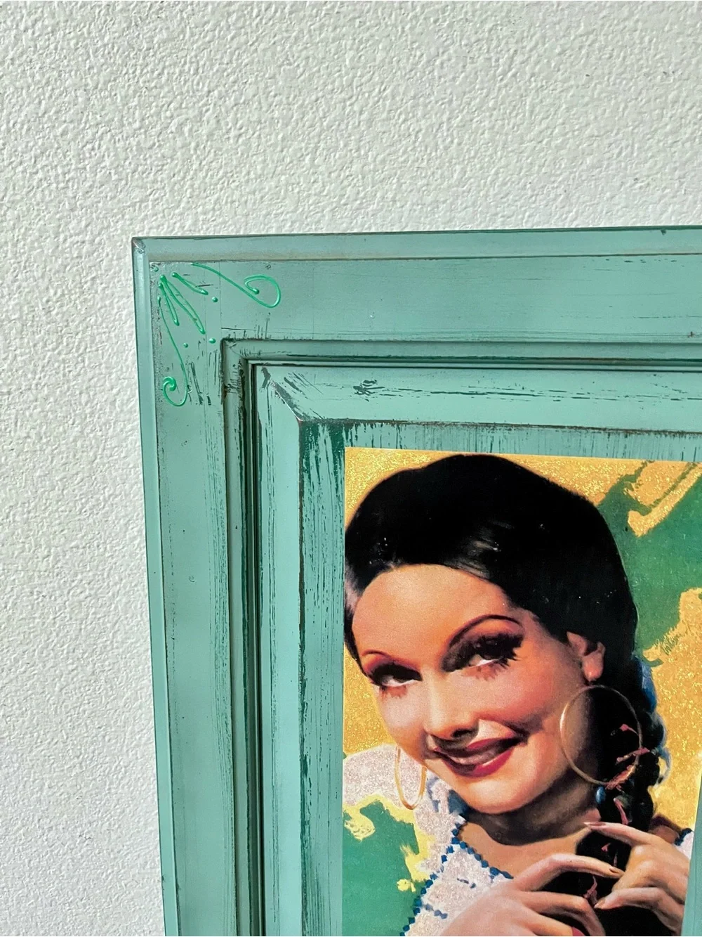 Turquoise Distressed Wood Picture Frame with Portrait Artwork